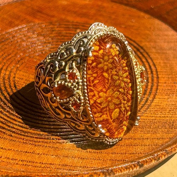BALTIC AMBER Carved Oval Ring 925 Sterling Silver Statement Ring - Picture 5 of 7